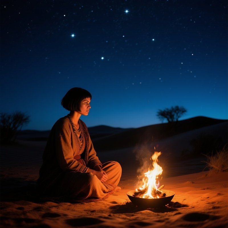 Desert Nomad Woman Around Fire Pit At Night