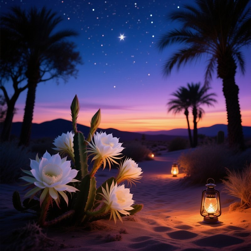 Desert Oasis At Twilight With Night Blooming Cereus Flowers