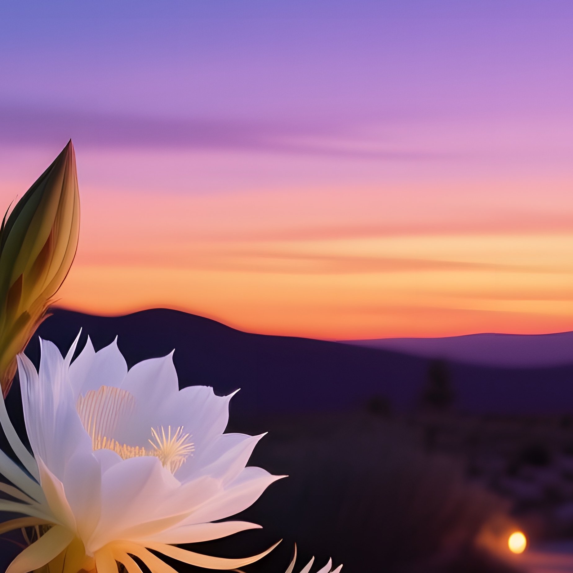 Desert Oasis At Twilight With Night Blooming Cereus Flowers - Full Resolution Quality Preview
