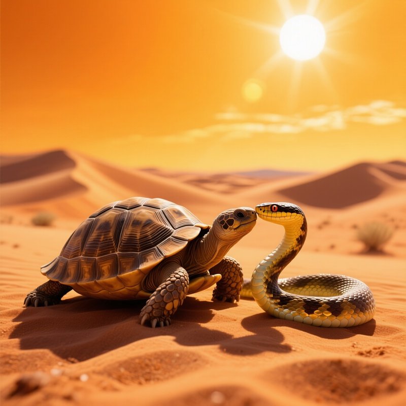 Desert Tortoise And Sidewinder Kiss On Sand Dune