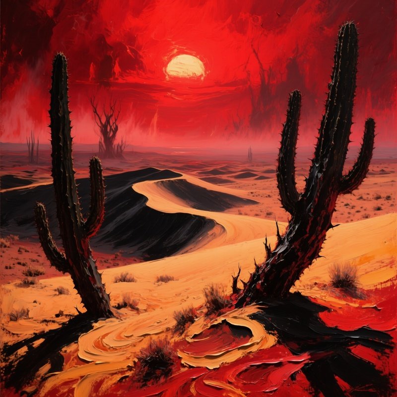 Desolate Desert Landscape Under Blood Red Sun