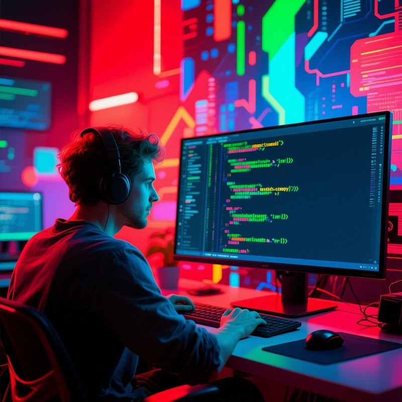 Developer Compiling Code Large Screen Digital Art