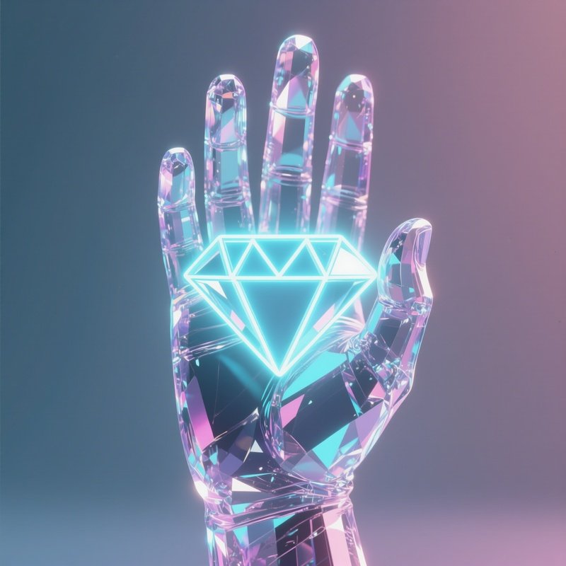 Diamond Hand: A Crystallized, Transparent Hand Holding A Glowing Stock Ticker Symbol, Representing "Diamond Hands" And Holding Assets, In A Vaporwave Aesthetic.