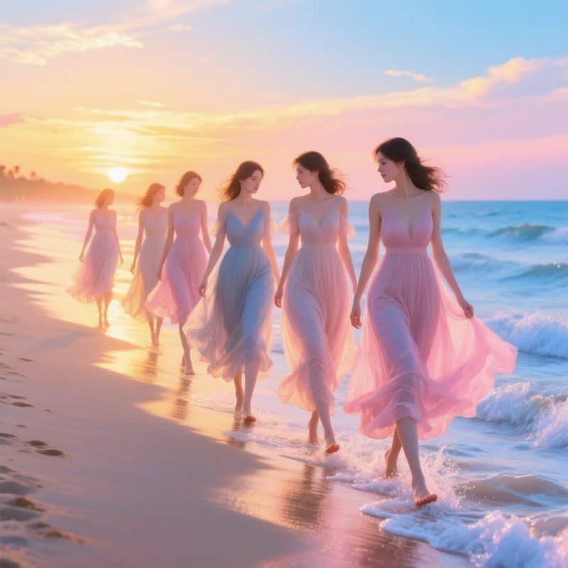 Digital Art Beach Sunset Women Flowing Dresses