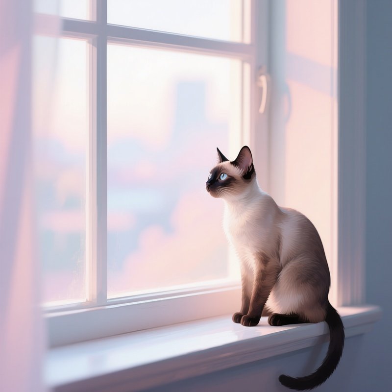 Digital Art Cat Balinese Perched On A Windowsill Looking Outside
