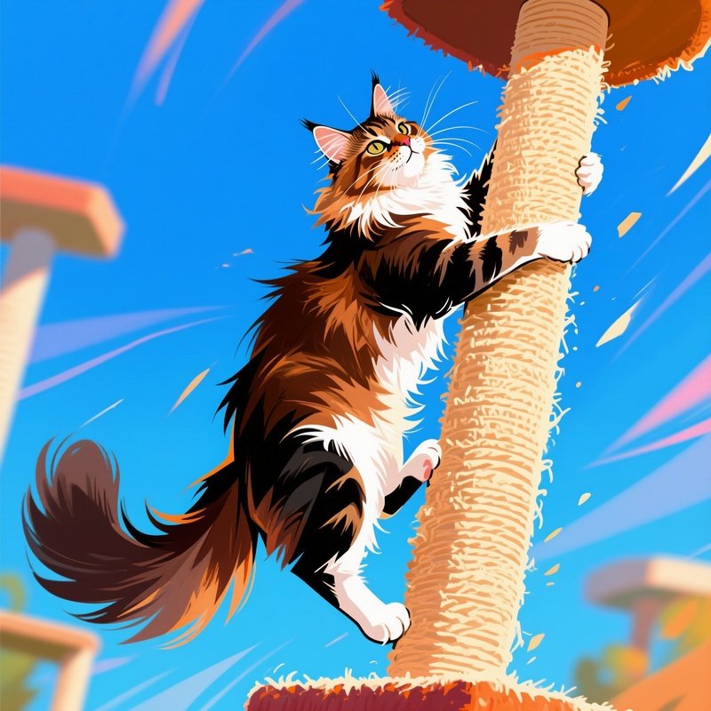 Digital-Art-Cat-Maine-Coon-Climbing-Scratching-Post-Mid-Action