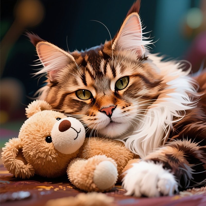 Digital Art Cat Maine Coon Head Resting On Stuffed Animal