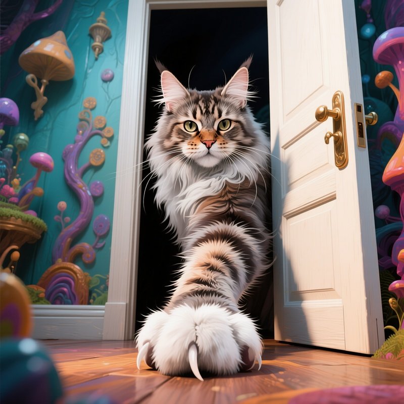 Digital Art Cat Maine Coon Paw Reaching Out From Under A Door