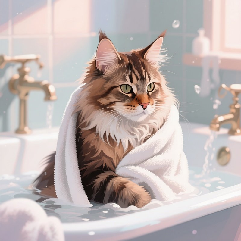Digital Art Cat Maine Coon Wrapped In Towel After Bath