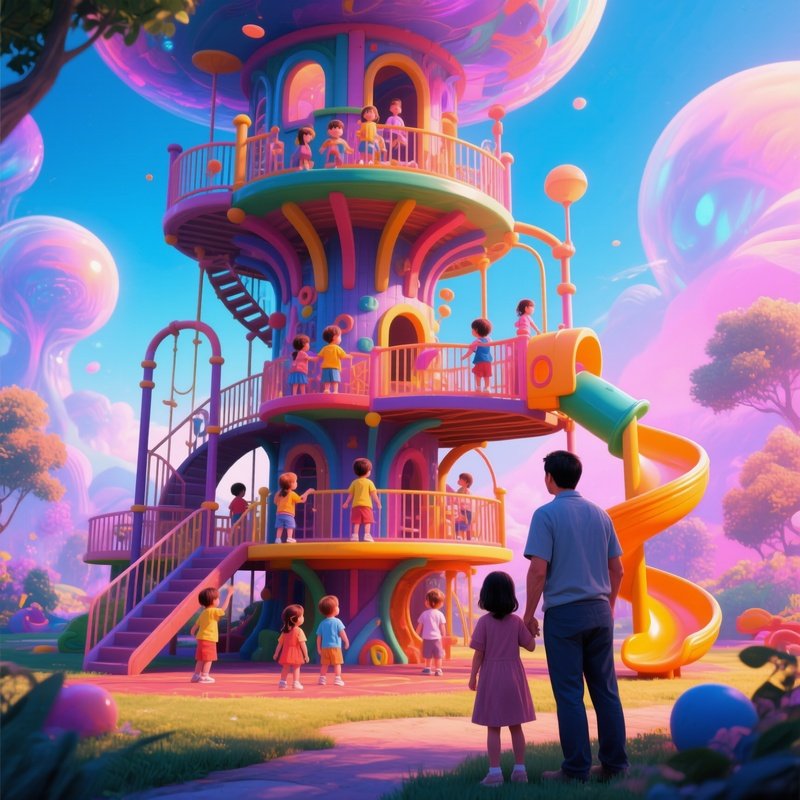Digital Art Family Watching Children Play In Multilevel Play Structure