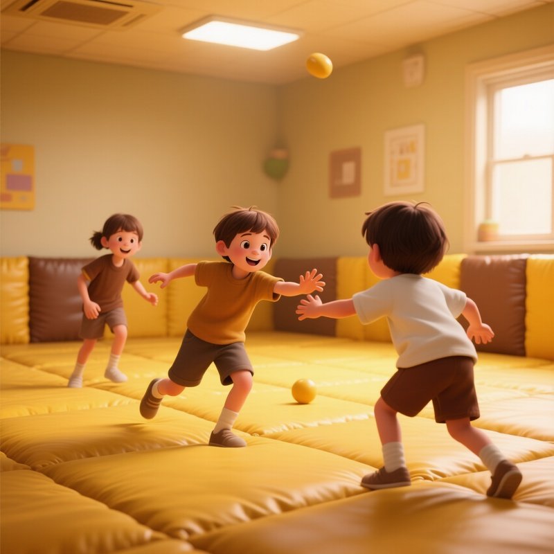 Digital Art Kids Playing Tag On Padded Flooring Under Warm Lights