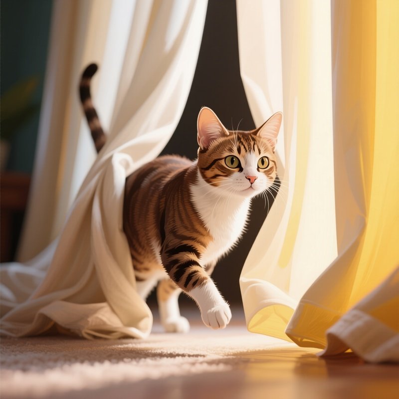 Digital Art Of A Cat Sneaking Between Curtains