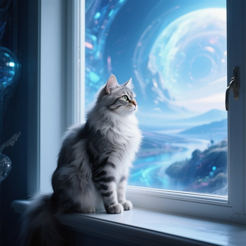 Digital Art Of Cat Turkish Van Perched On Windowsill Looking Outside