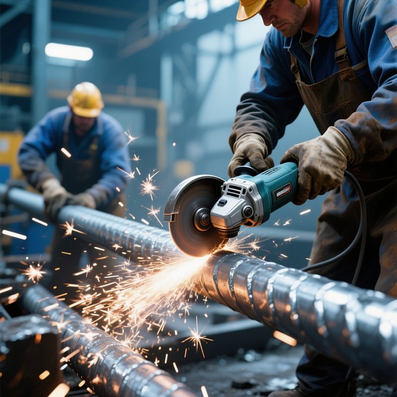 Digital Art Photorealistic Workers Cutting Steel Rods