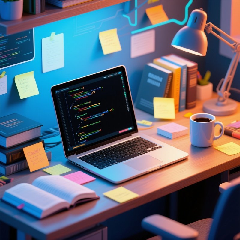 Digital Art Programmer Desk With Notes And Coffee