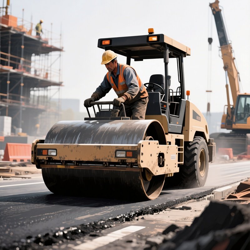 Digital Art Representation Of Construction Worker Operating Road Roller On Fresh Asphalt