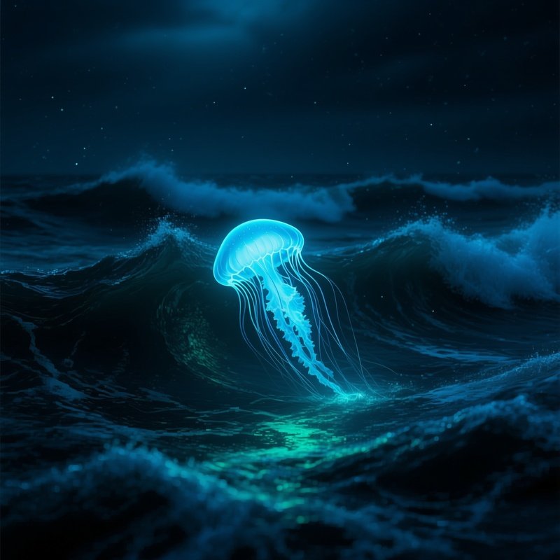 Digital Art Simulation Of Bioluminescent Plankton Under Waves At Midnight