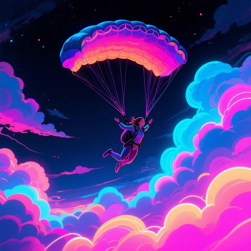 Digital Art Skydiver Weaving Through Neon Clouds At Night