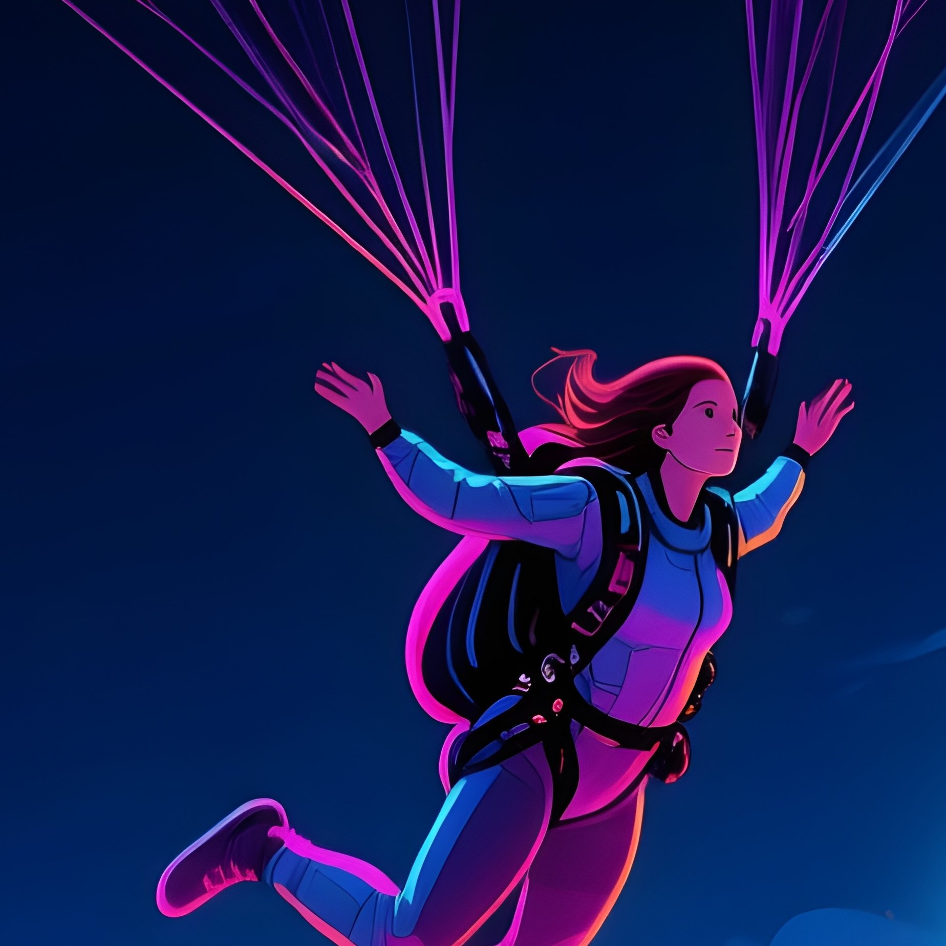 Digital Art Skydiver Weaving Through Neon Clouds At Night - Full Resolution Quality Preview
