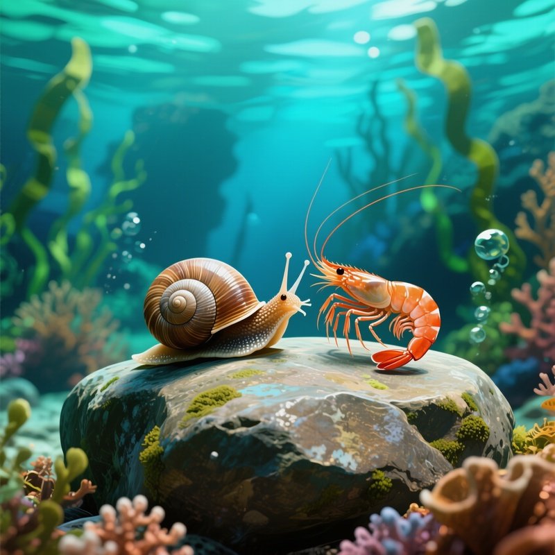 Digital Art Snail And Shrimp Meeting On Rock