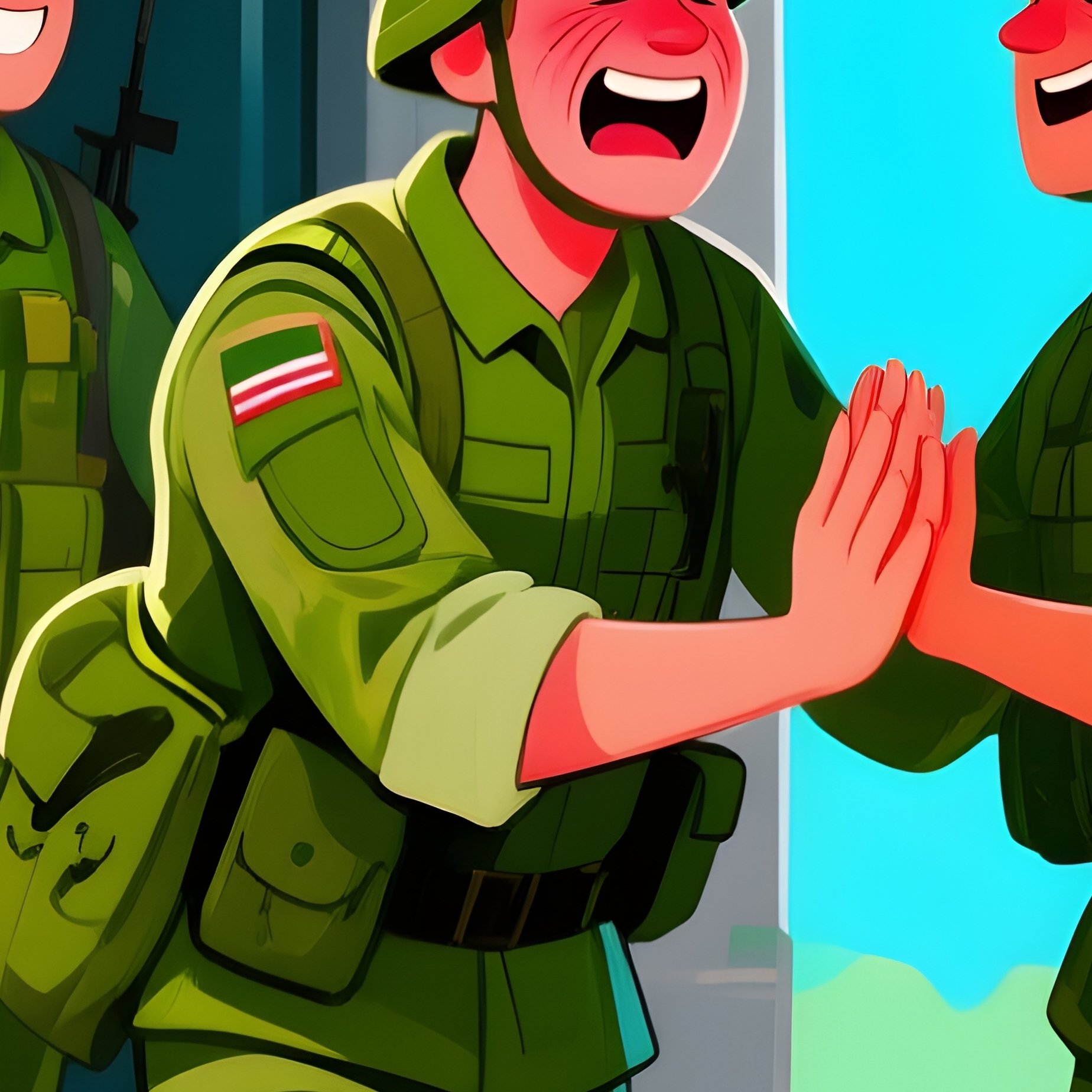 Digital Art Soldiers Returning From Patrol Greeted By Comrades At Camp - Full Resolution Quality Preview
