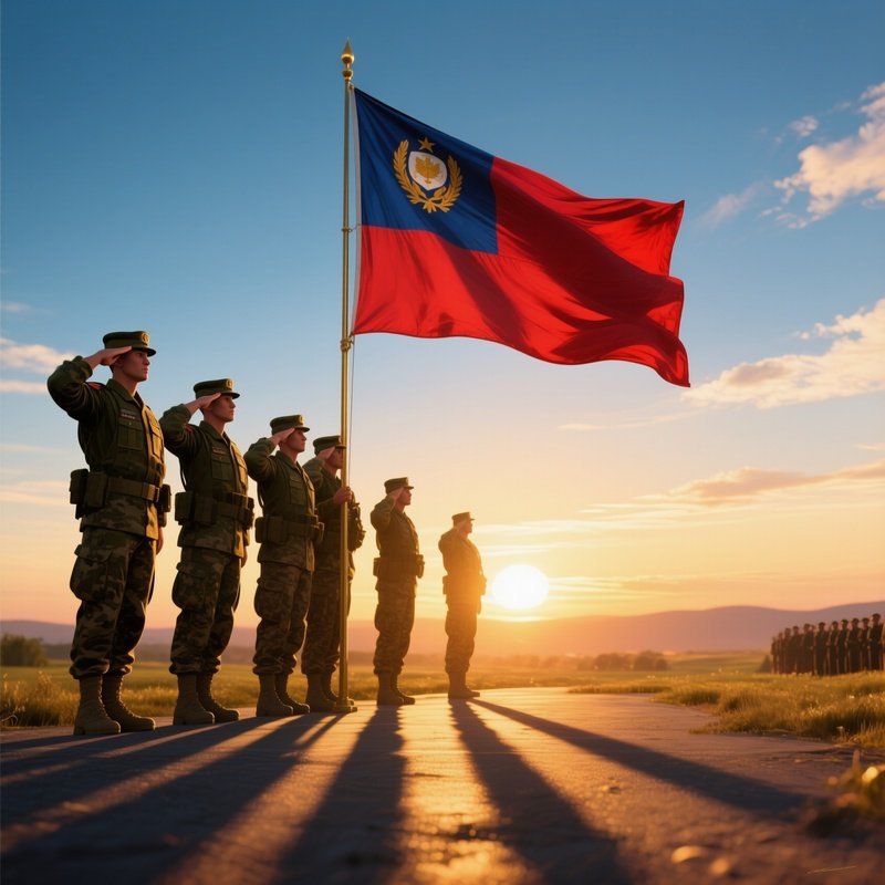 Digital Art Soldiers Saluting National Flag At Sunrise
