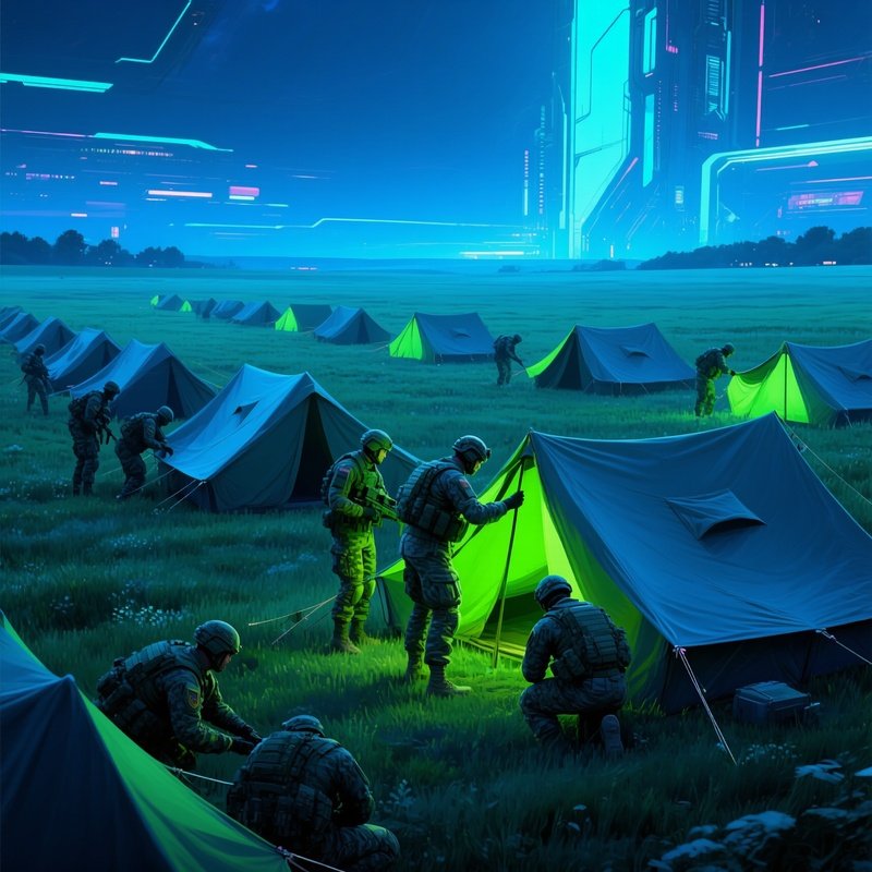 Digital Art Soldiers Setting Up Camp In Open Field