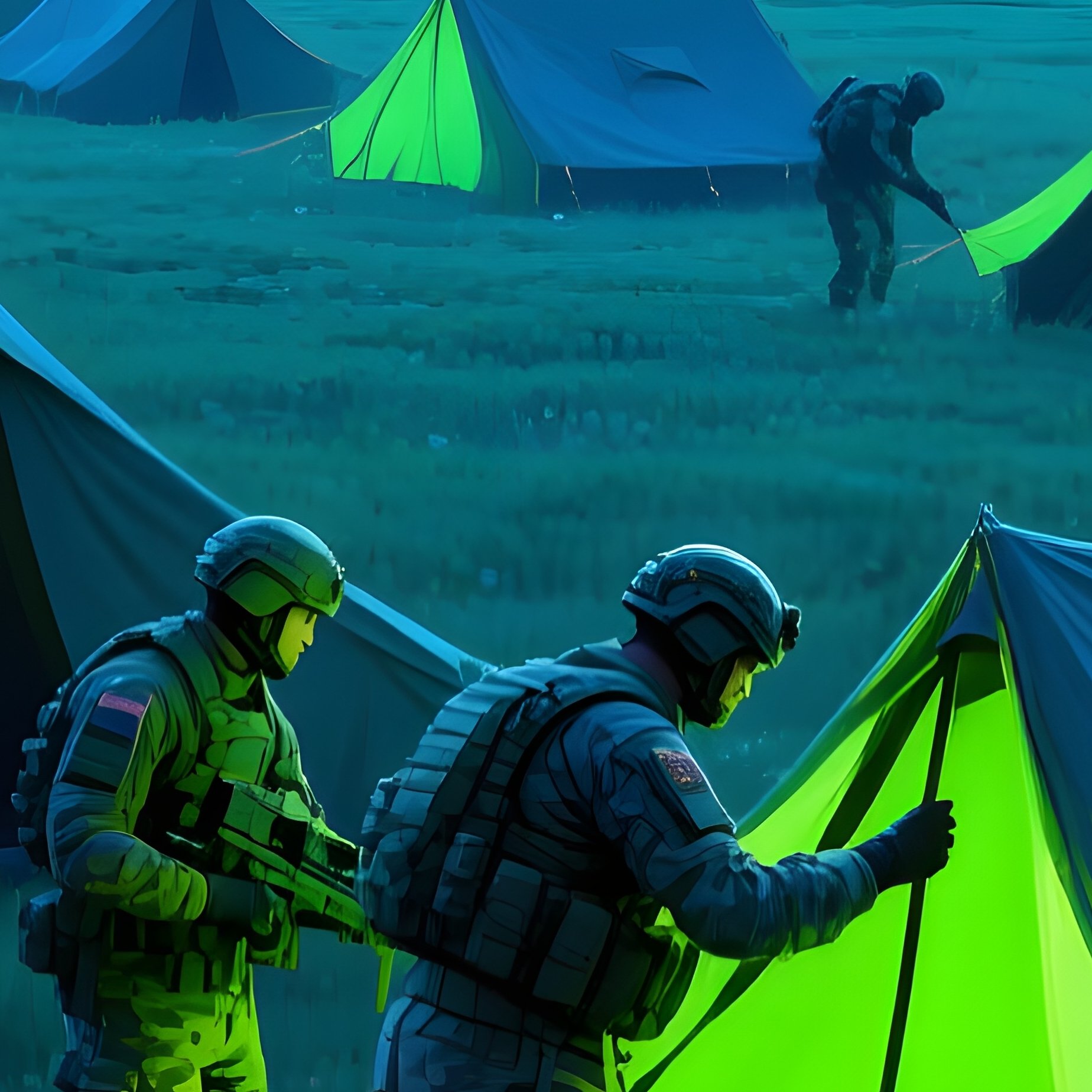 Digital Art Soldiers Setting Up Camp In Open Field - Full Resolution Quality Preview