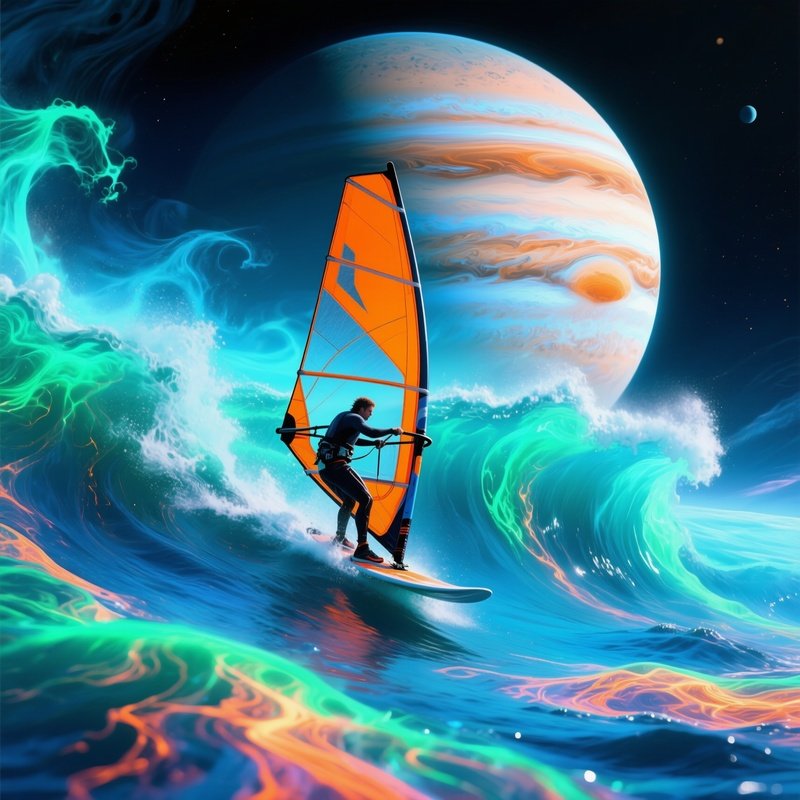 Digital Art Windsurfer Catching Plasma Waves On Jupiter Moon