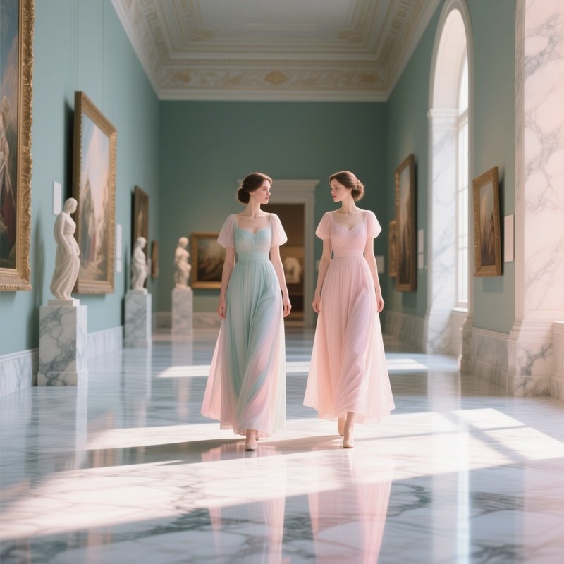 Digital Art Women In Elegant Pastel Dresses Walking Through A Museum Hall