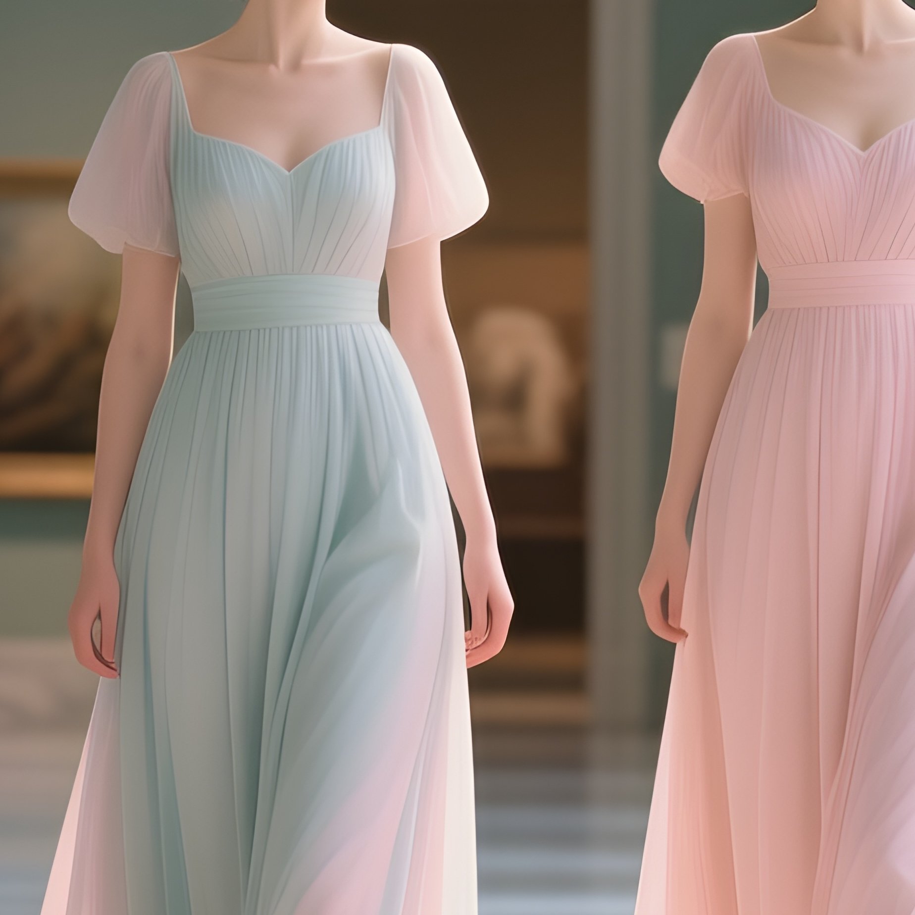 Digital Art Women In Elegant Pastel Dresses Walking Through A Museum Hall - Full Resolution Quality Preview