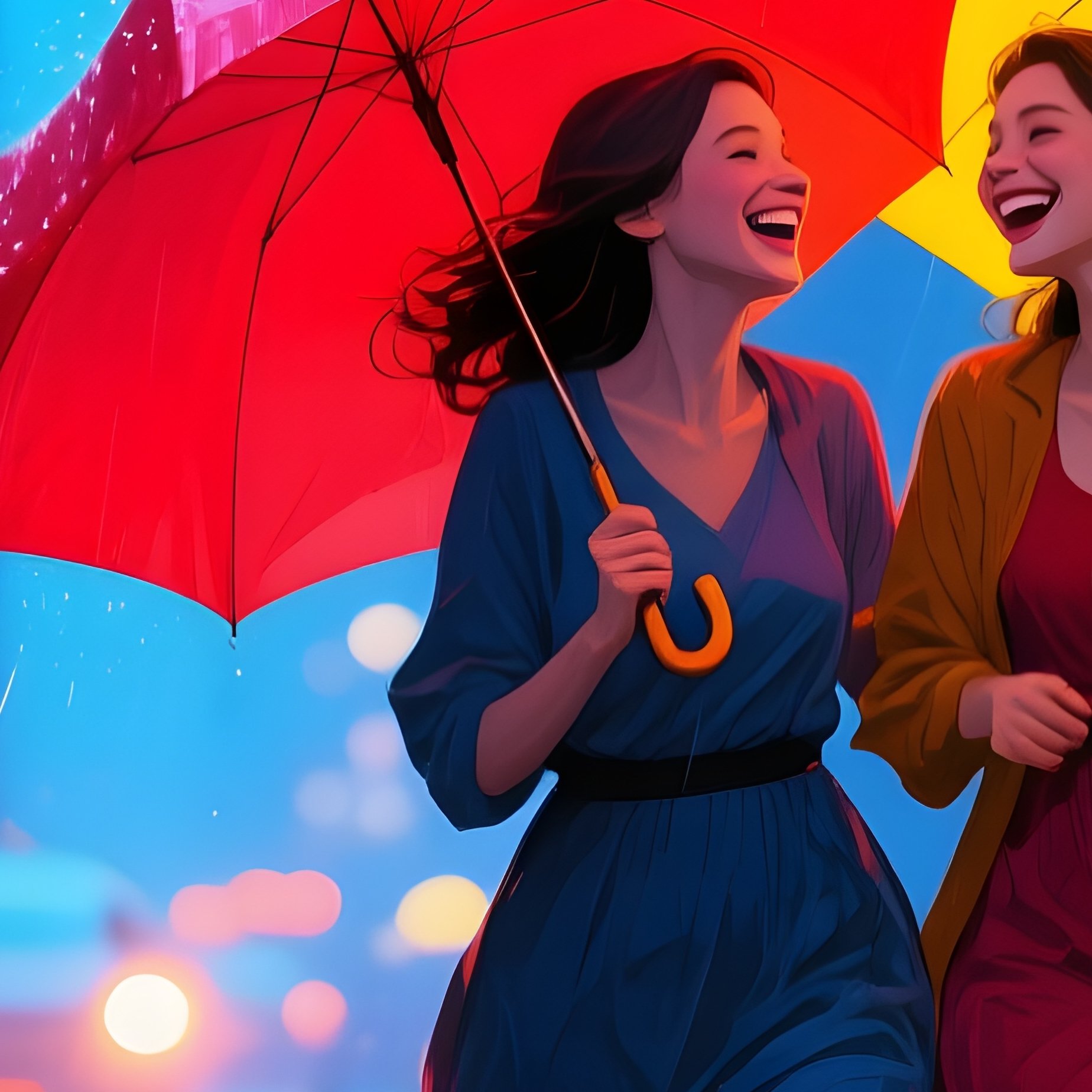 Digital Art Women Laughing Under Umbrellas In The Rain - Full Resolution Quality Preview