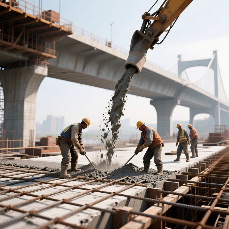 Digital Bridge Construction Pouring Concrete Workers Rebar Grid