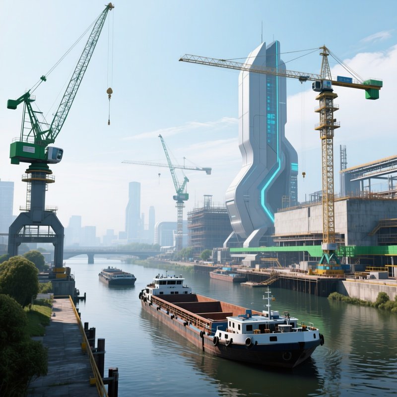 Digital Construction Site River Cranes Barges