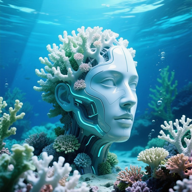 Digital Coral Sculpture Human Face Nature Underwater
