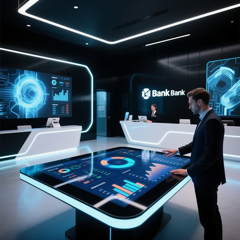 Digital Finance Interface On Interactive Table In Bank Lobby