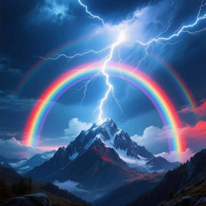 Digital Lightning Strike On Mountain Under Double Rainbow