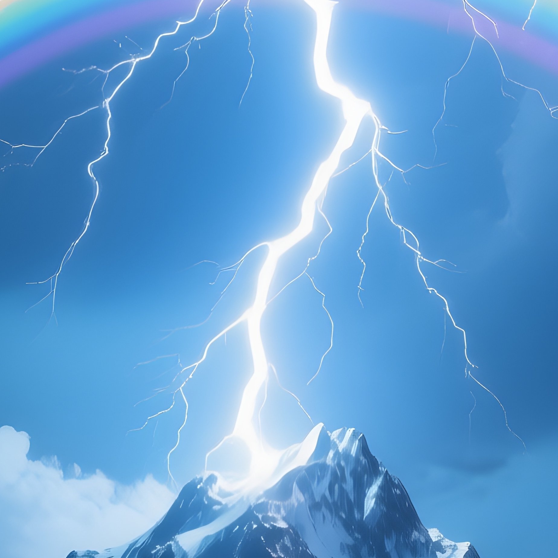 Digital Lightning Strike On Mountain Under Double Rainbow - Full Resolution Quality Preview