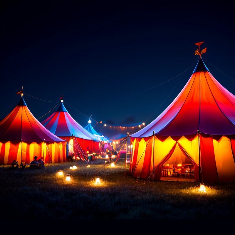 Digital Photorealistic Night Circus Camp Tents Glowing Softly
