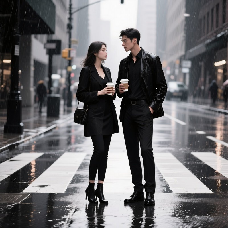 Digital Photorealistic Two Stylish Friends Waiting At Crosswalk With Coffees