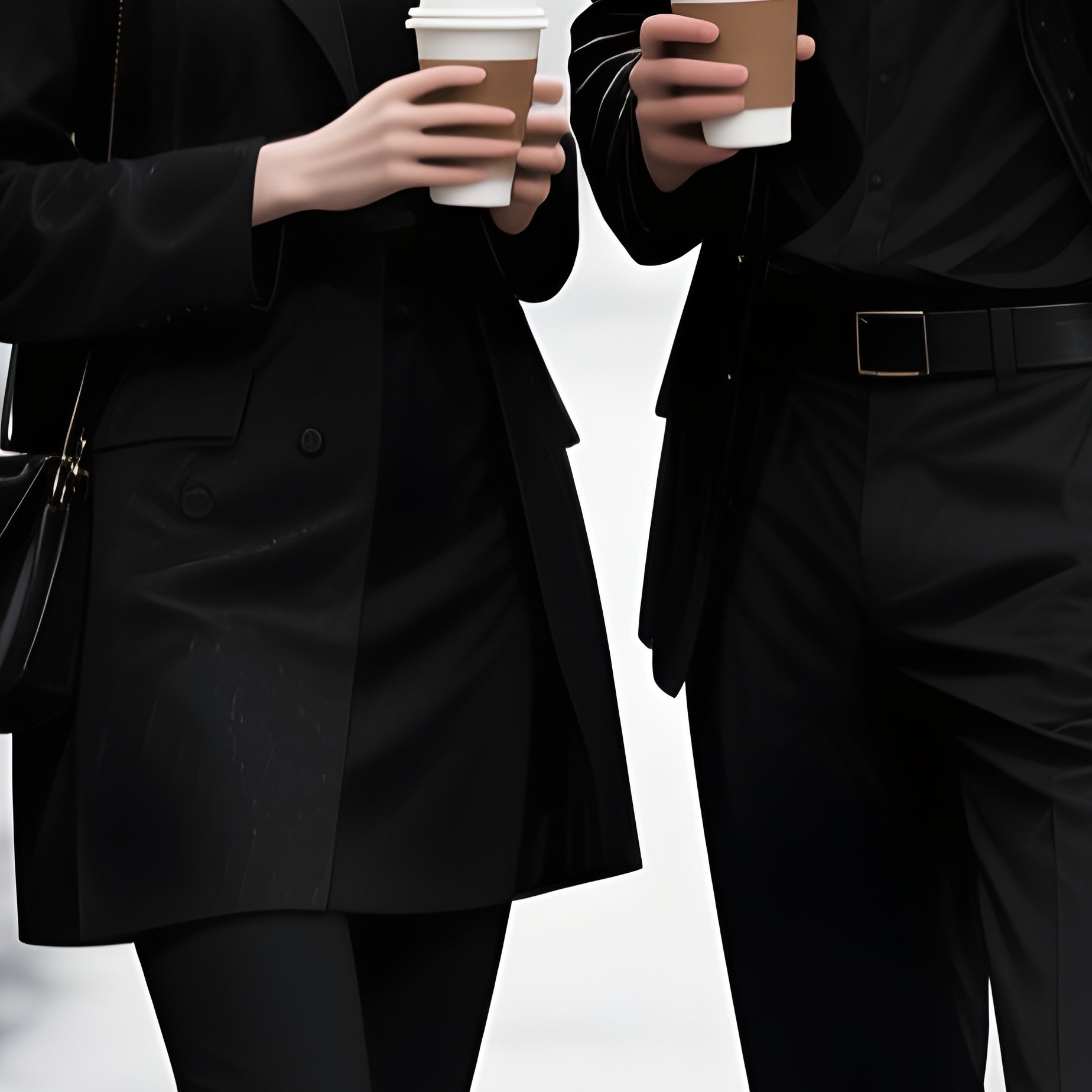Digital Photorealistic Two Stylish Friends Waiting At Crosswalk With Coffees - Full Resolution Quality Preview