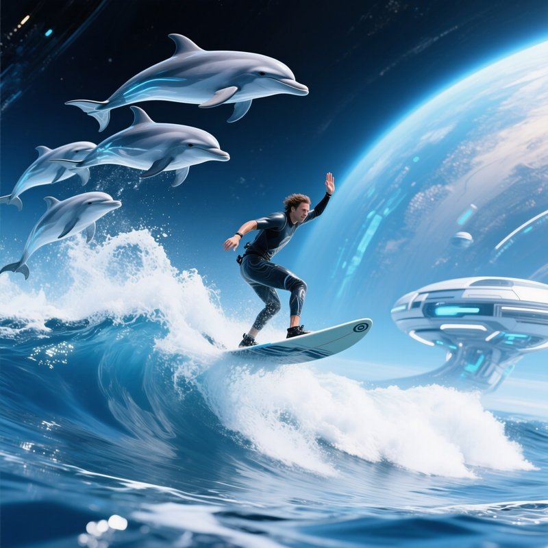 Digital Sci Fi Echo Wave High Fiving Dolphins Mid Air