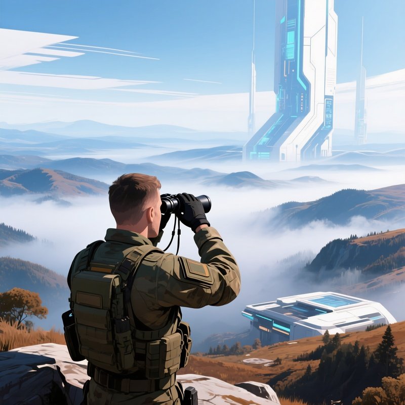 Digital Soldier Looking Through Binoculars