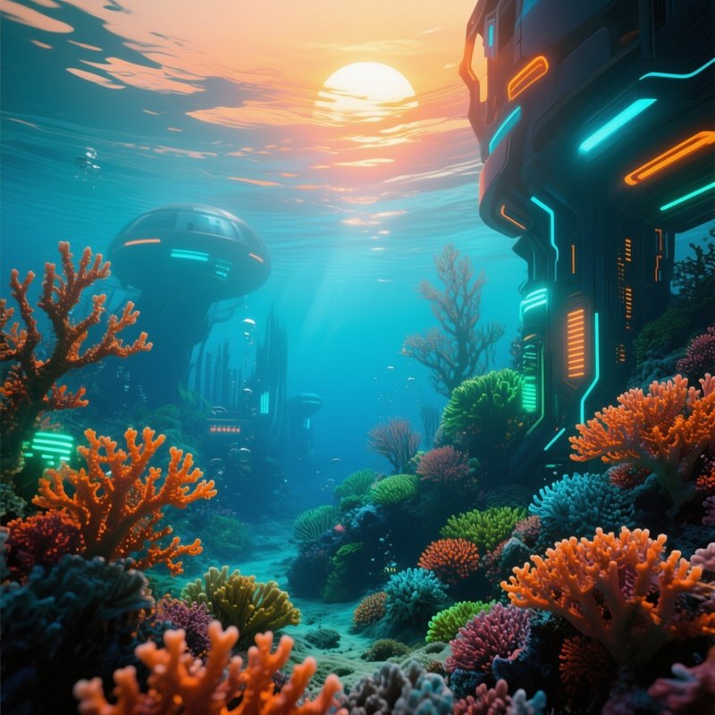 Digital Underwater Coral Reef Sunset Orange Light
