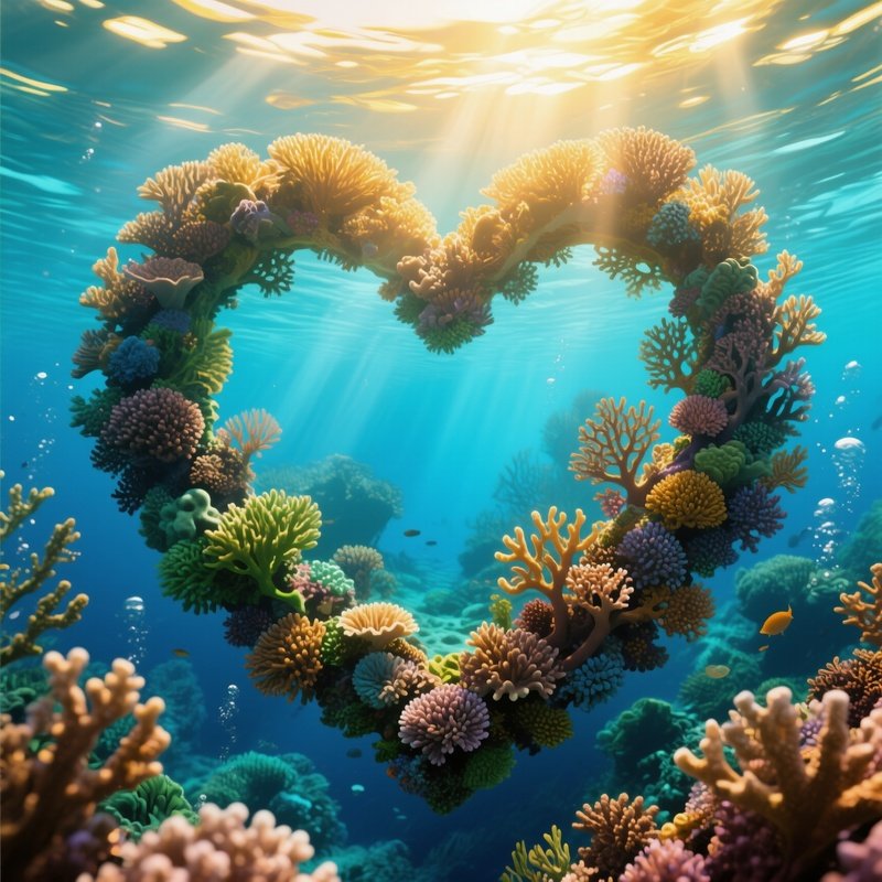 Digital Underwater Heart Shaped Coral Reef In Golden Sunlight