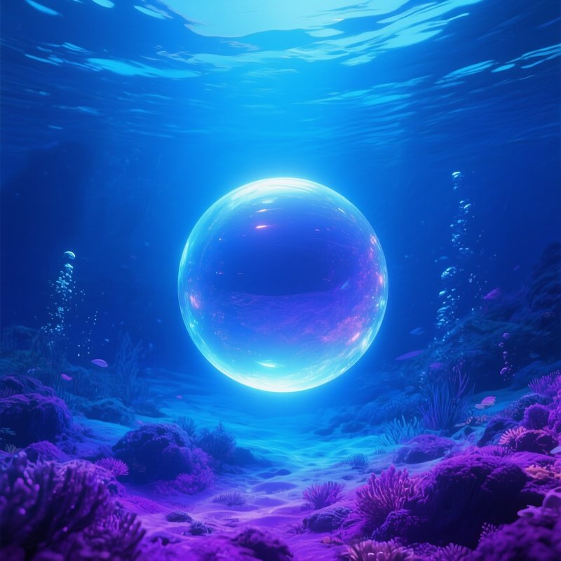 Digital Underwater Science Fiction Glowing Orb Resting On Ocean Floor