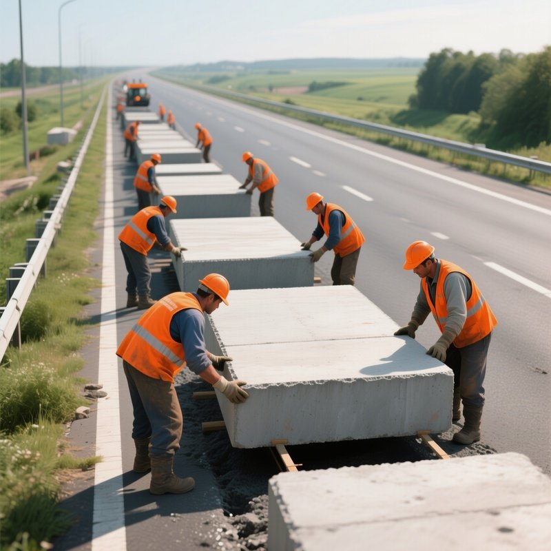 Digital Workers Aligning Concrete Slabs On Road