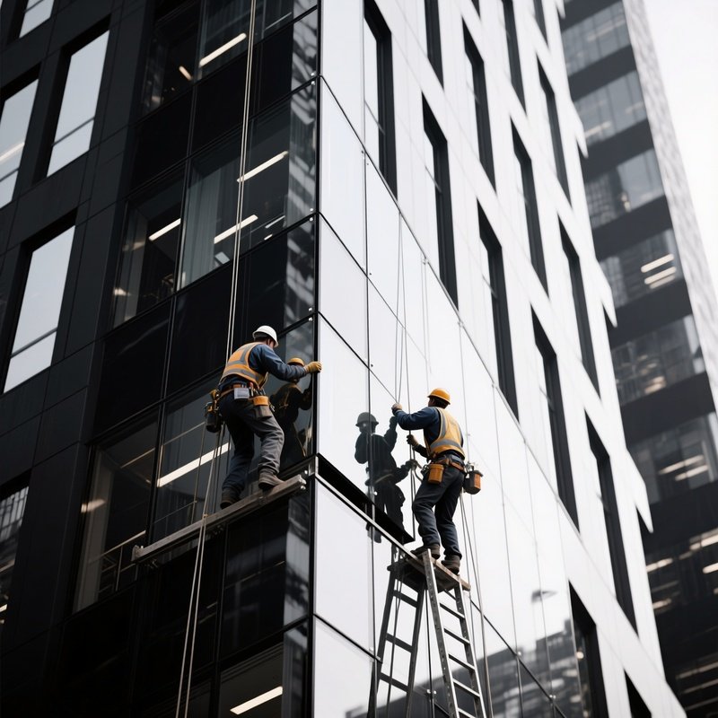 Digital Workers Installing Glass Panels Modern Office Tower