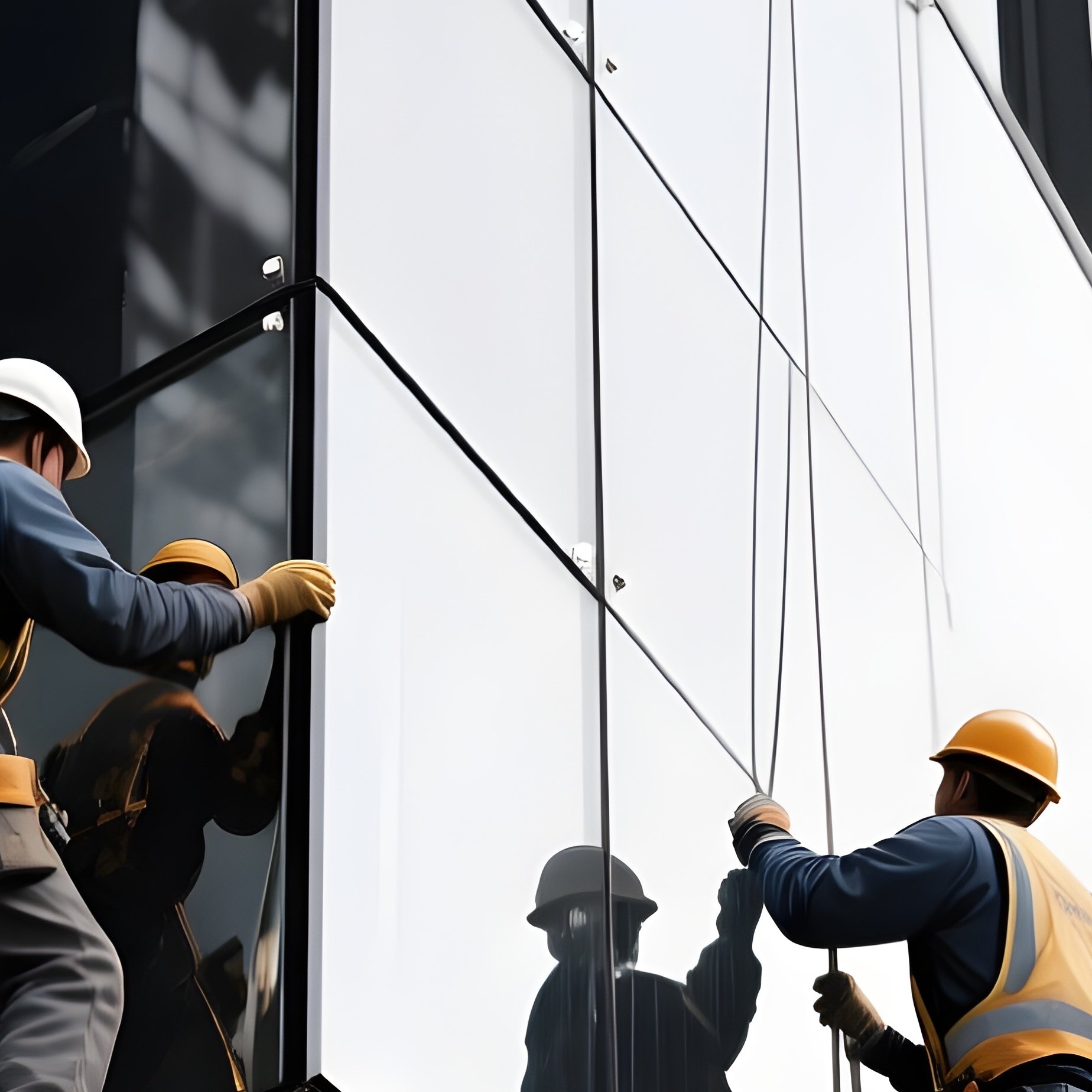 Digital Workers Installing Glass Panels Modern Office Tower - Full Resolution Quality Preview