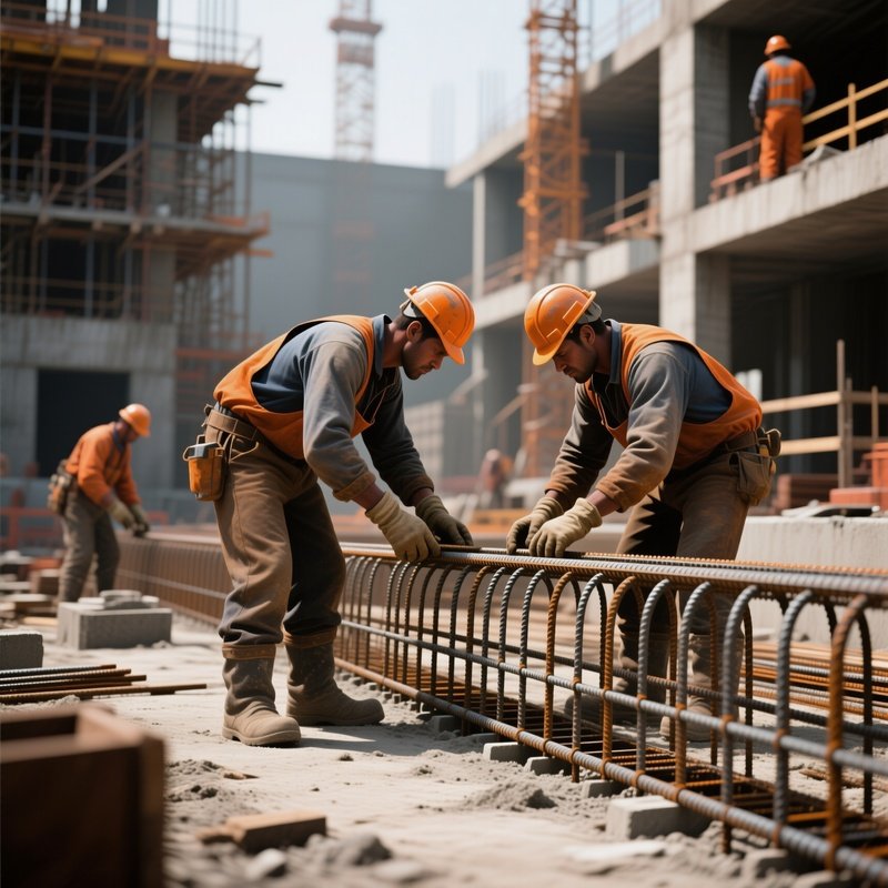 Digital Workers Installing Rebar Pouring Concrete